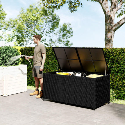 650L Garden Storage Box with 2 Wheels, Rattan Deck Box with Waterproof Zipped Li 1