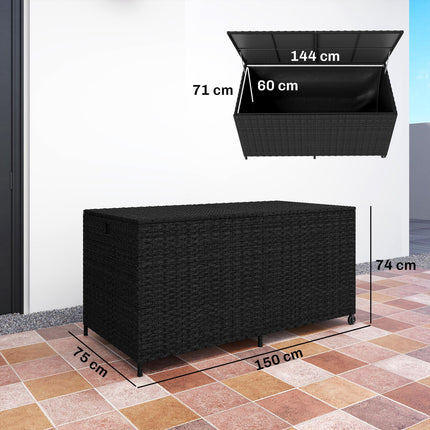 650L Garden Storage Box with 2 Wheels, Rattan Deck Box with Waterproof Zipped Li 1