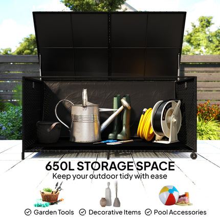 650L Garden Storage Box with 2 Wheels, Rattan Deck Box with Waterproof Zipped Li 1