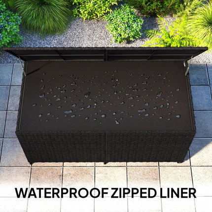 650L Garden Storage Box with 2 Wheels, Rattan Deck Box with Waterproof Zipped Li 1