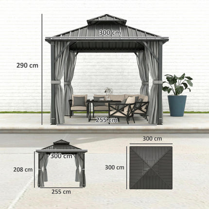 3 x 3(m) Hardtop Gazebo Canopy with Metal Roof, Waterproof Permanent Pavilion Garden Gazebo with Netting, Curtains, Grey