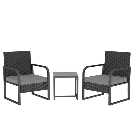 Rattan Bistro Set, 3 Piece Garden Furniture Set with Cushions and Glass Top Table, Black