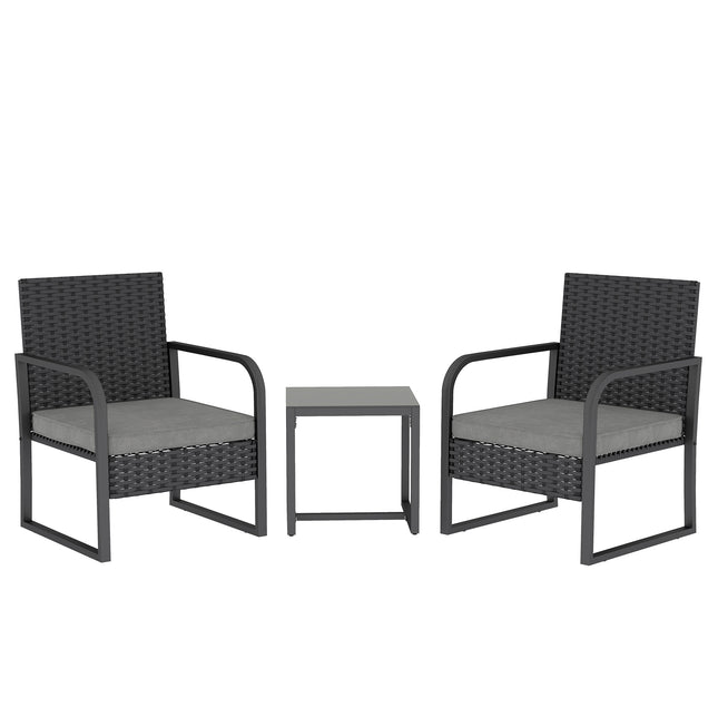 Rattan Bistro Set, 3 Piece Garden Furniture Set with Cushions and Glass Top Table, Black