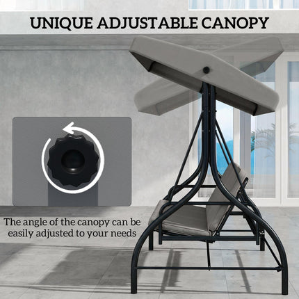 3 Seater Canopy Swing Chair, 2 in 1 Garden Swing Seat Bed, with Adjustable Canopy and Metal Frame, Light Grey
