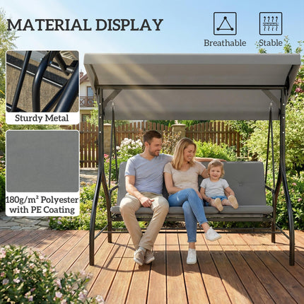 3 Seater Canopy Swing Chair, 2 in 1 Garden Swing Seat Bed, with Adjustable Canopy and Metal Frame, Light Grey