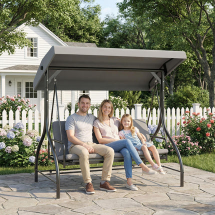 3 Seater Canopy Swing Chair, 2 in 1 Garden Swing Seat Bed, with Adjustable Canopy and Metal Frame, Light Grey