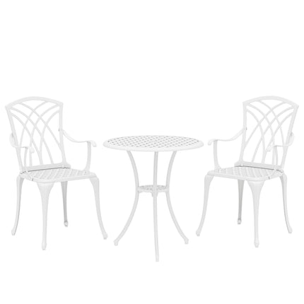 3 Pieces Garden Bistro Set, Cast Aluminium Outdoor Dining Set with 2 Chairs and Round Table with Parasol Hole, White