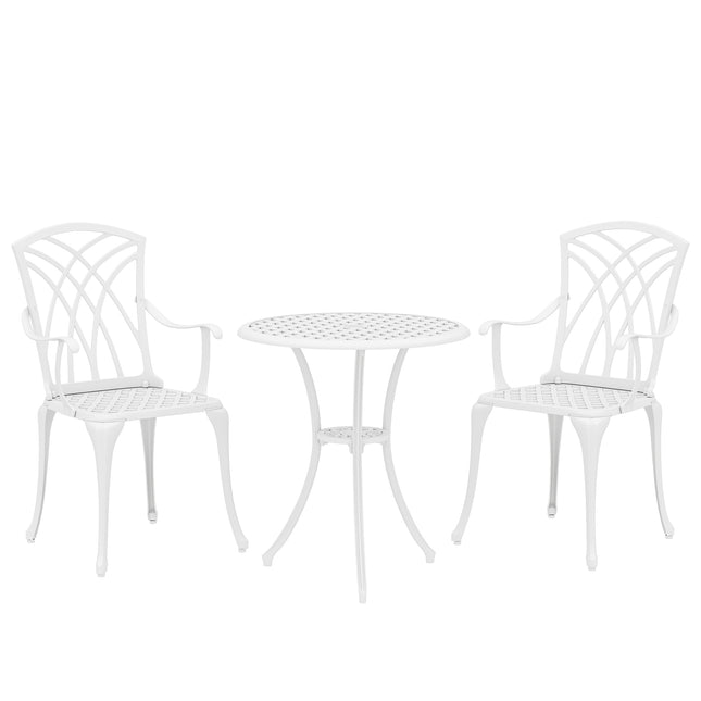3 Pieces Garden Bistro Set, Cast Aluminium Outdoor Dining Set with 2 Chairs and Round Table with Parasol Hole, White