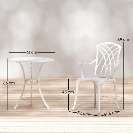 3 Pieces Garden Bistro Set, Cast Aluminium Outdoor Dining Set with 2 Chairs and Round Table with Parasol Hole, White