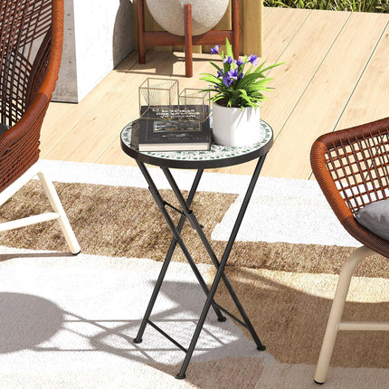 Mosaic Outdoor Garden Table, 35.5cm Round Folding Coffee Table with Metal Frame