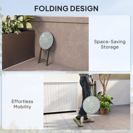 Mosaic Outdoor Garden Table, 35.5cm Round Folding Coffee Table with Metal Frame