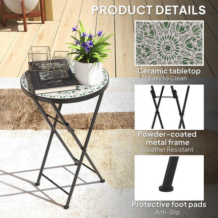 Mosaic Outdoor Garden Table, 35.5cm Round Folding Coffee Table with Metal Frame