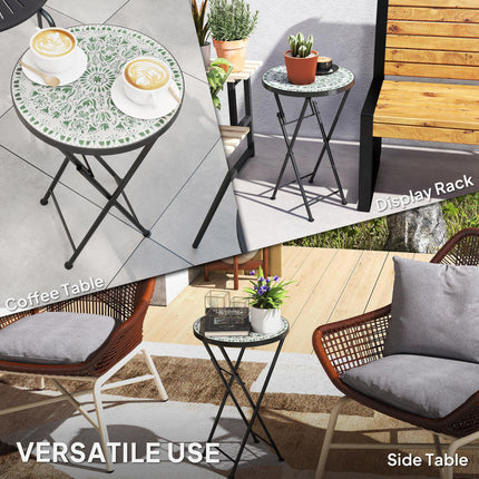 Mosaic Outdoor Garden Table, 35.5cm Round Folding Coffee Table with Metal Frame
