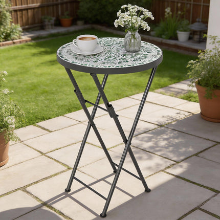 Mosaic Outdoor Garden Table, 35.5cm Round Folding Coffee Table with Metal Frame