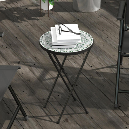Mosaic Outdoor Garden Table, 35.5cm Round Folding Coffee Table with Metal Frame