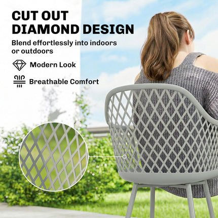 Garden Chairs Set of 4, Garden Dining Chairs with Cut Out Diamond Back and Armrests for Patio, Balcony, Terrace, Grey