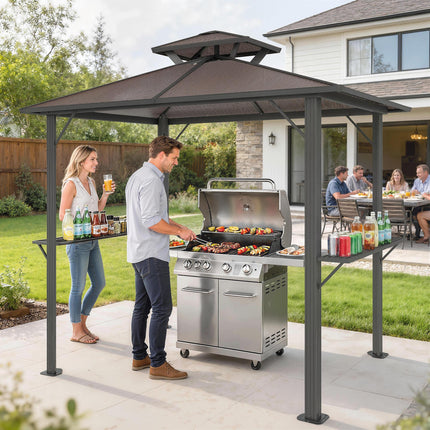 2.5 x 1.5 m Hardtop Grill Gazebo with Double Roof, Aluminium Outdoor BBQ Gazebo