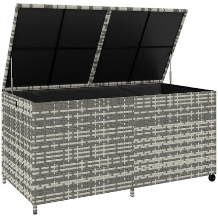 650L Garden Storage Box with 2 Wheels, Rattan Deck Box with Waterproof Zipped Li