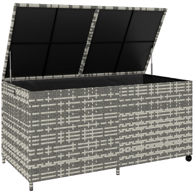 650L Garden Storage Box with 2 Wheels, Rattan Deck Box with Waterproof Zipped Li