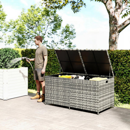 650L Garden Storage Box with 2 Wheels, Rattan Deck Box with Waterproof Zipped Li