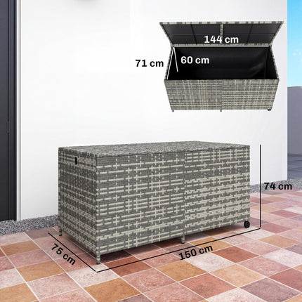 650L Garden Storage Box with 2 Wheels, Rattan Deck Box with Waterproof Zipped Li