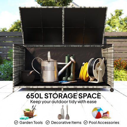 650L Garden Storage Box with 2 Wheels, Rattan Deck Box with Waterproof Zipped Li