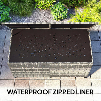 650L Garden Storage Box with 2 Wheels, Rattan Deck Box with Waterproof Zipped Li