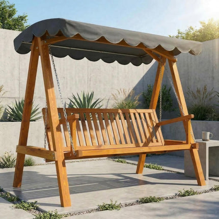 3 Seater Garden Swing Seat with Canopy, Wooden Swing Chair, Outdoor Hammock Bench for Balcony Patio Porch, Dark Grey