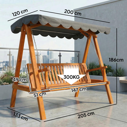 3 Seater Garden Swing Seat with Canopy, Wooden Swing Chair, Outdoor Hammock Bench for Balcony Patio Porch, Dark Grey