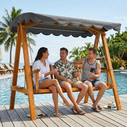 3 Seater Garden Swing Seat with Canopy, Wooden Swing Chair, Outdoor Hammock Bench for Balcony Patio Porch, Dark Grey