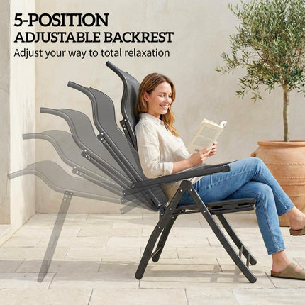 Reclining Garden Chairs Set of 2 with High Back, Retractable Footrest, Dark Grey