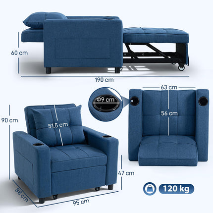 HOMCOM 3-in-1 Single Sofa Bed, Convertible Sleeper Chair Bed with 3-level Adjustable Back - Dark Blue