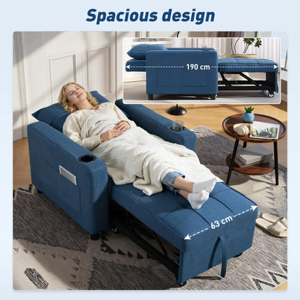 HOMCOM 3-in-1 Single Sofa Bed, Convertible Sleeper Chair Bed with 3-level Adjustable Back - Dark Blue