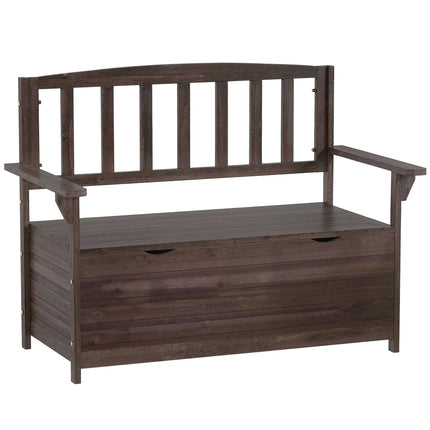 Outdoor 2 Seater Garden Bench, Wooden Bench with Storage, Backrest, Arm Rests, 112 x 84 x 58 cm, Brown