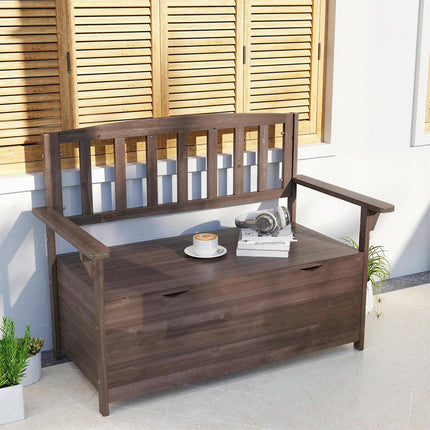 Outdoor 2 Seater Garden Bench, Wooden Bench with Storage, Backrest, Arm Rests, 112 x 84 x 58 cm, Brown