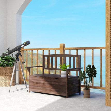 Outdoor 2 Seater Garden Bench, Wooden Bench with Storage, Backrest, Arm Rests, 112 x 84 x 58 cm, Brown