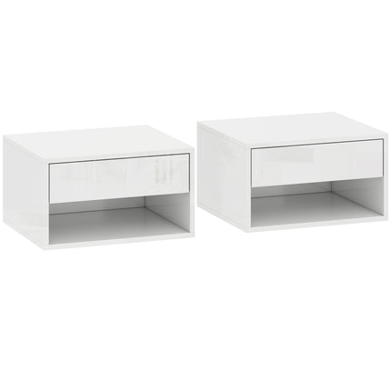 Set of Two Floating Bedside Tables, Wall Mounted Nightstand with Drawer and Open Shelf, High Gloss White