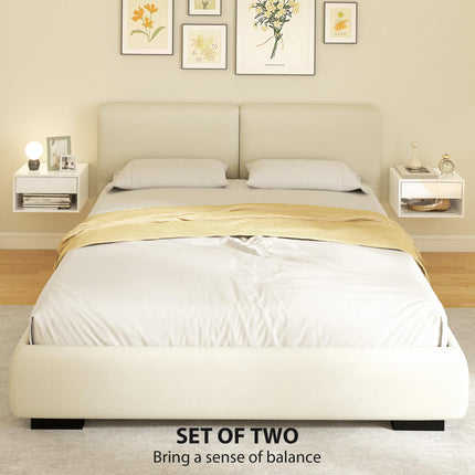 Set of Two Floating Bedside Tables, Wall Mounted Nightstand with Drawer and Open Shelf, High Gloss White