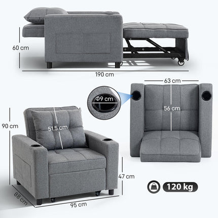 3-in-1 Single Sofa Bed, Convertible Sleeper Chair Bed - Dark Grey