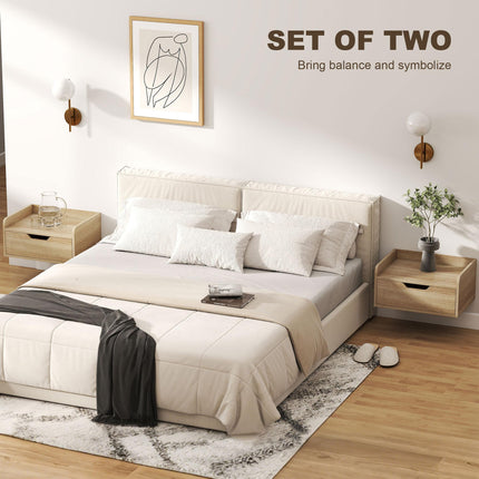 Floating Nightstands Set of 2, Wall Mounted Bedside Table with Drawer for Bedroom, Natural Wood