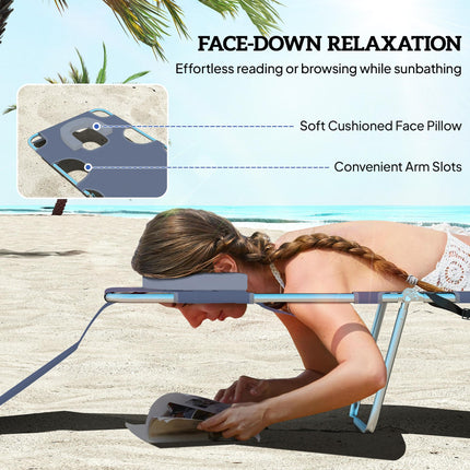 5-Position Adjustable Sun Loungers Set of 2 with Reading Hole and Side Pocket, Grey