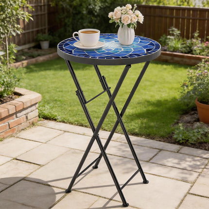 Mosaic Outdoor Garden Table, 35.5cm Round Folding Coffee Table with Metal Frame for Balcony Terrace, Navy Blue