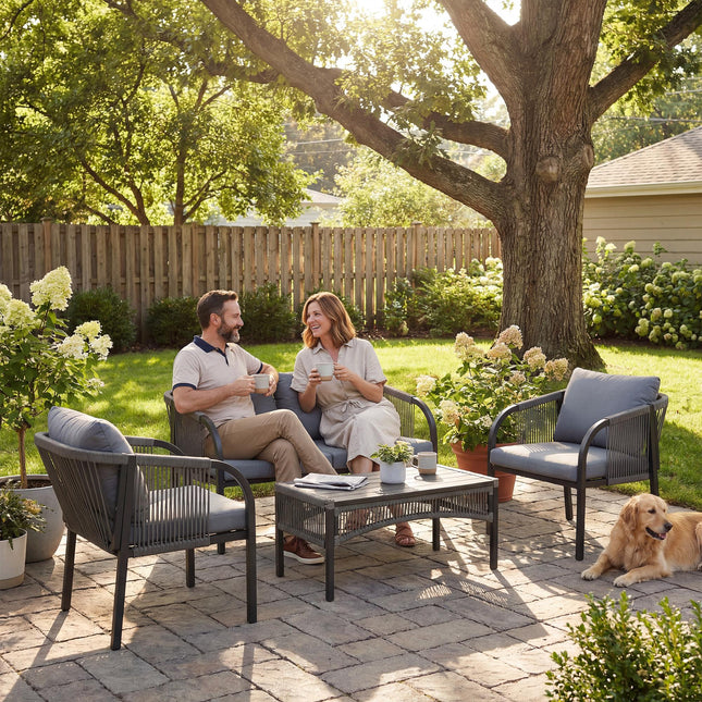 4 Piece Rattan Garden Furniture Set with Loveseat, Armchairs, Table, Steel Frame Wicker Patio Conversation Set, Grey