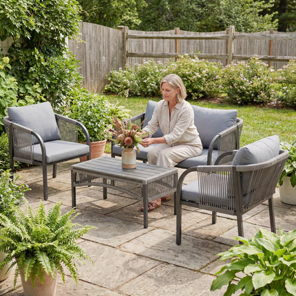4 Piece Rattan Garden Furniture Set with Loveseat, Armchairs, Table, Steel Frame Wicker Patio Conversation Set, Grey