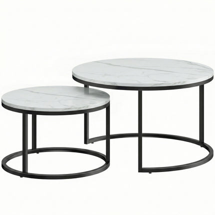 Set of Two Marble-Effect Stacking Tables - White