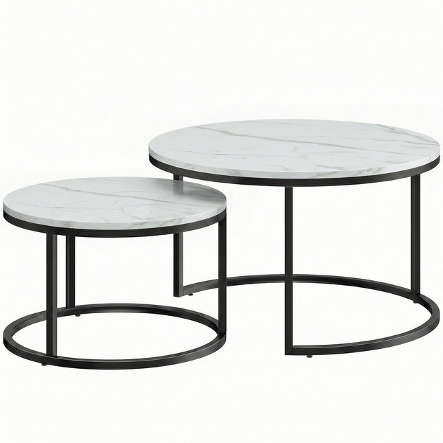 Set of Two Marble-Effect Stacking Tables - White