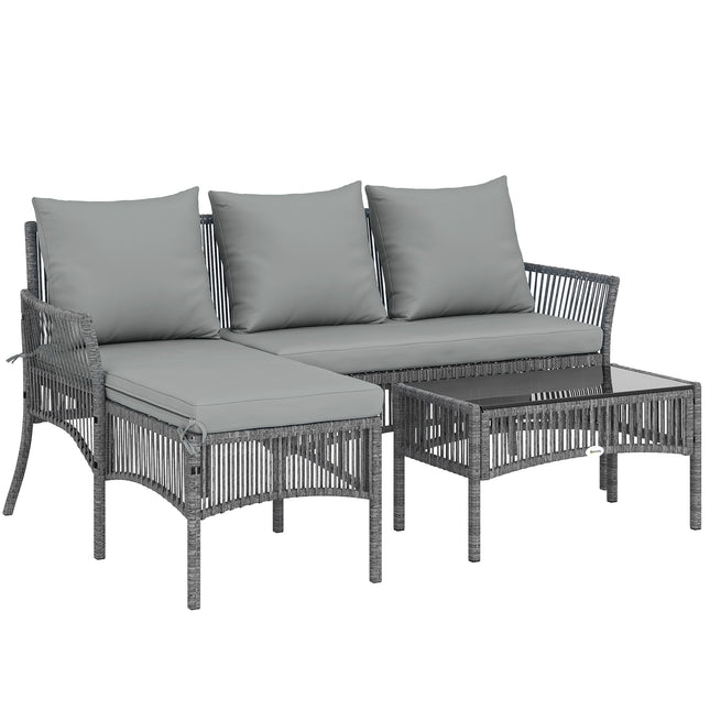 3 Piece Rattan Garden Furniture Corner Sofa Set with Chaise Lounge, Loveseat, Gl