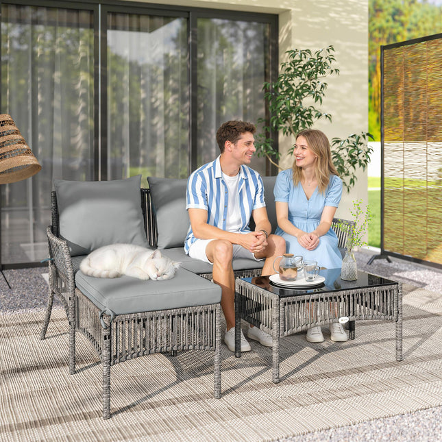 3 Piece Rattan Garden Furniture Corner Sofa Set with Chaise Lounge, Loveseat, Gl