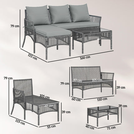 3 Piece Rattan Garden Furniture Corner Sofa Set with Chaise Lounge, Loveseat, Gl