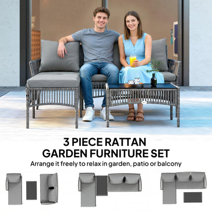3 Piece Rattan Garden Furniture Corner Sofa Set with Chaise Lounge, Loveseat, Gl